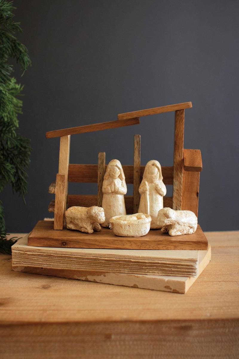 WOODEN NATIVITY WITH PAPER MACHE FIGURES: Brown / Driftwood/Clay / 9" x 4" x 7.5"t