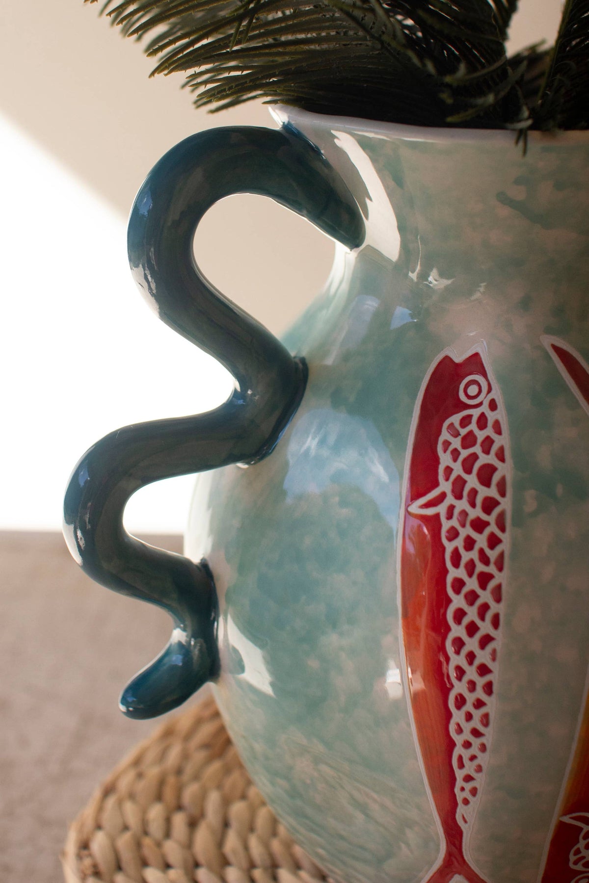 CERAMIC COLORFUL FISH VASE WITH BLUE SQUIGGLE HANDLES: Multi / Ceramic / 11.5" x 8.5" x 11"t
