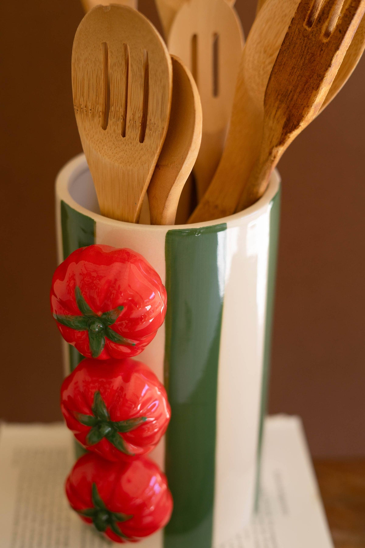 SET OF TWO CERAMIC GREEN STRIPED VASES WITH TOMATOES