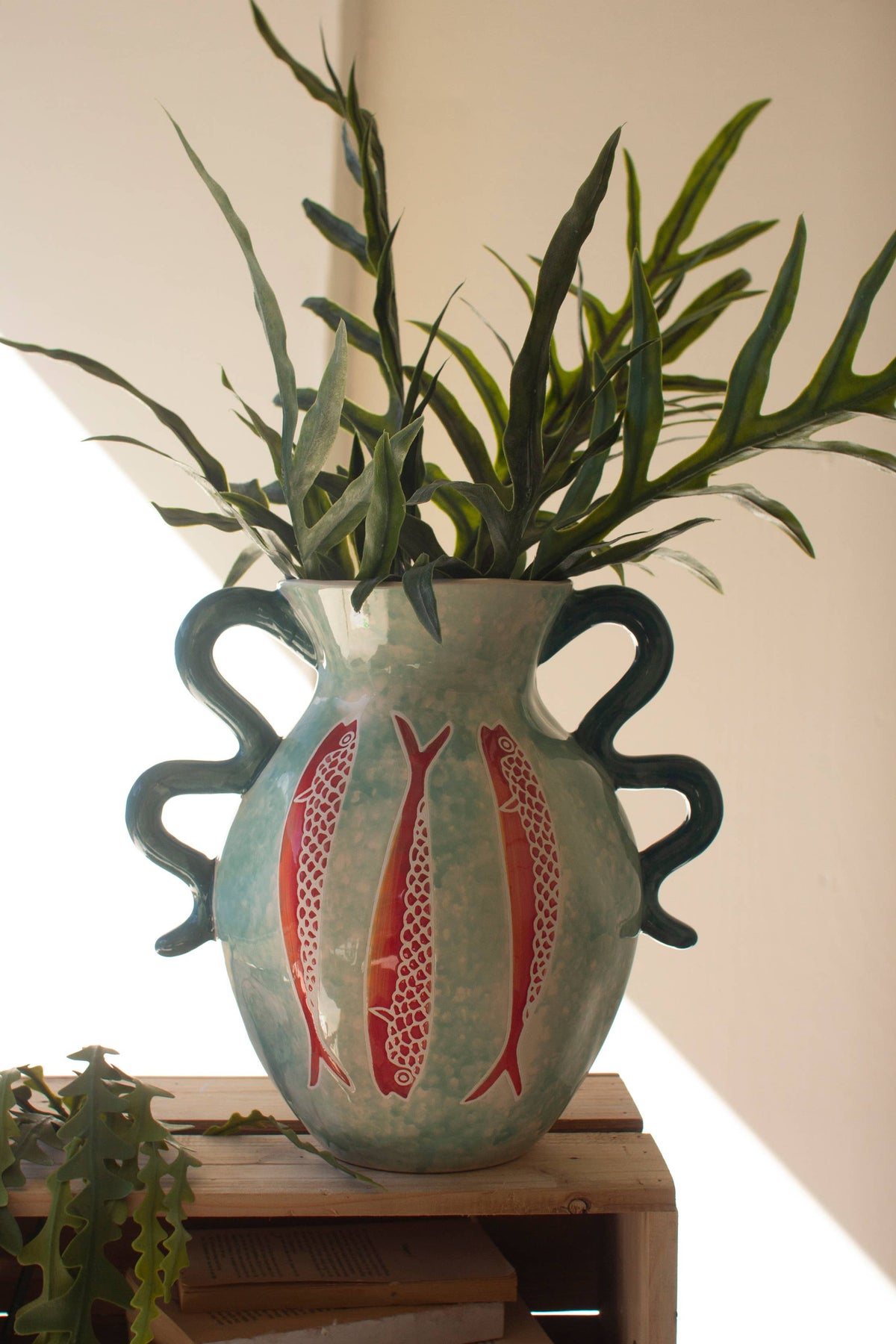 CERAMIC COLORFUL FISH VASE WITH BLUE SQUIGGLE HANDLES: Multi / Ceramic / 11.5" x 8.5" x 11"t
