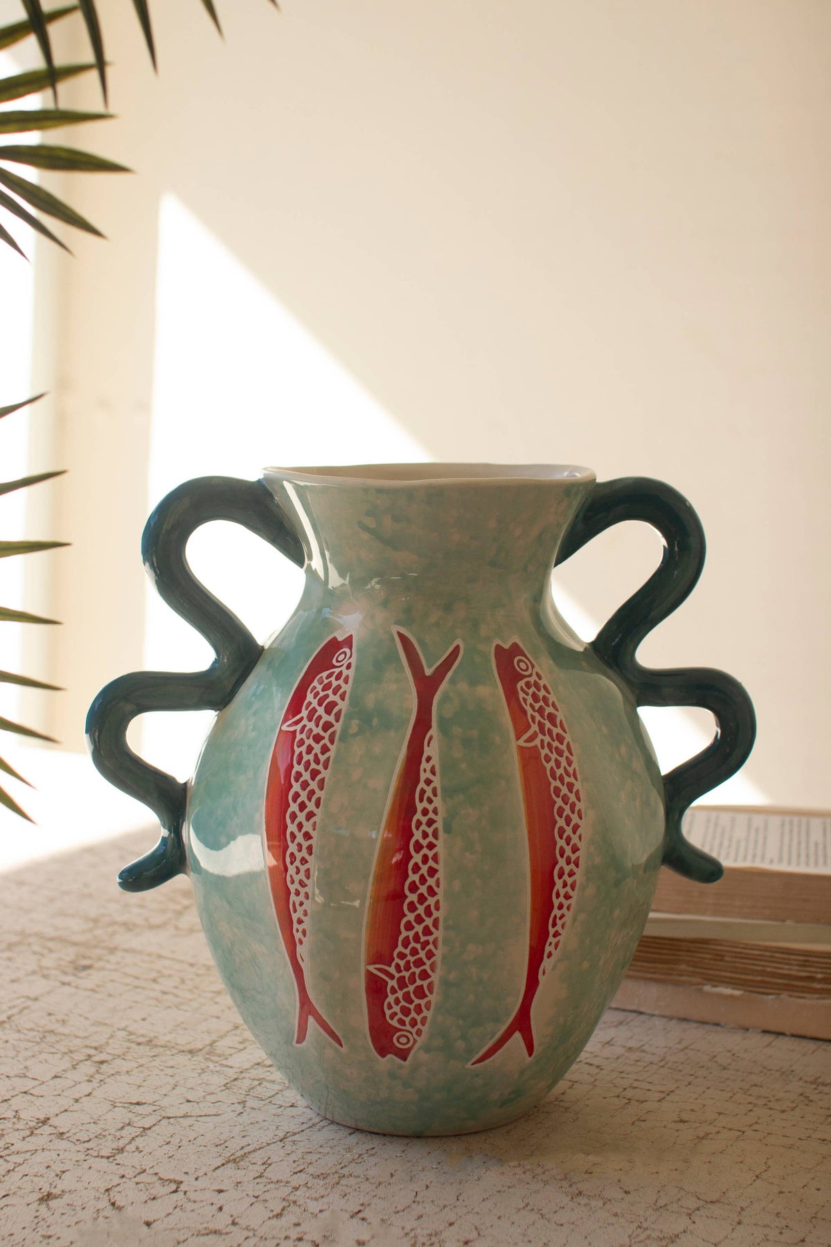 CERAMIC COLORFUL FISH VASE WITH BLUE SQUIGGLE HANDLES: Multi / Ceramic / 11.5" x 8.5" x 11"t