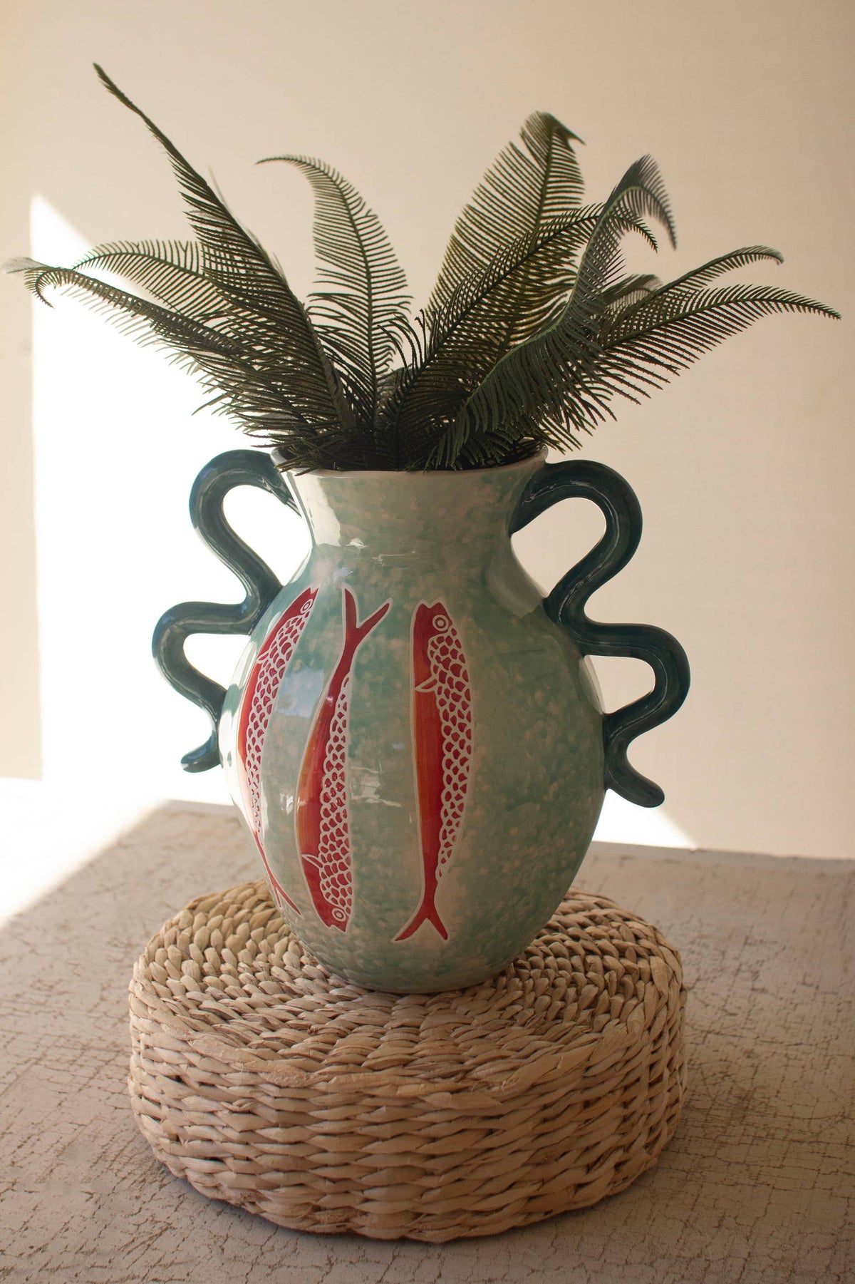 CERAMIC COLORFUL FISH VASE WITH BLUE SQUIGGLE HANDLES: Multi / Ceramic / 11.5" x 8.5" x 11"t