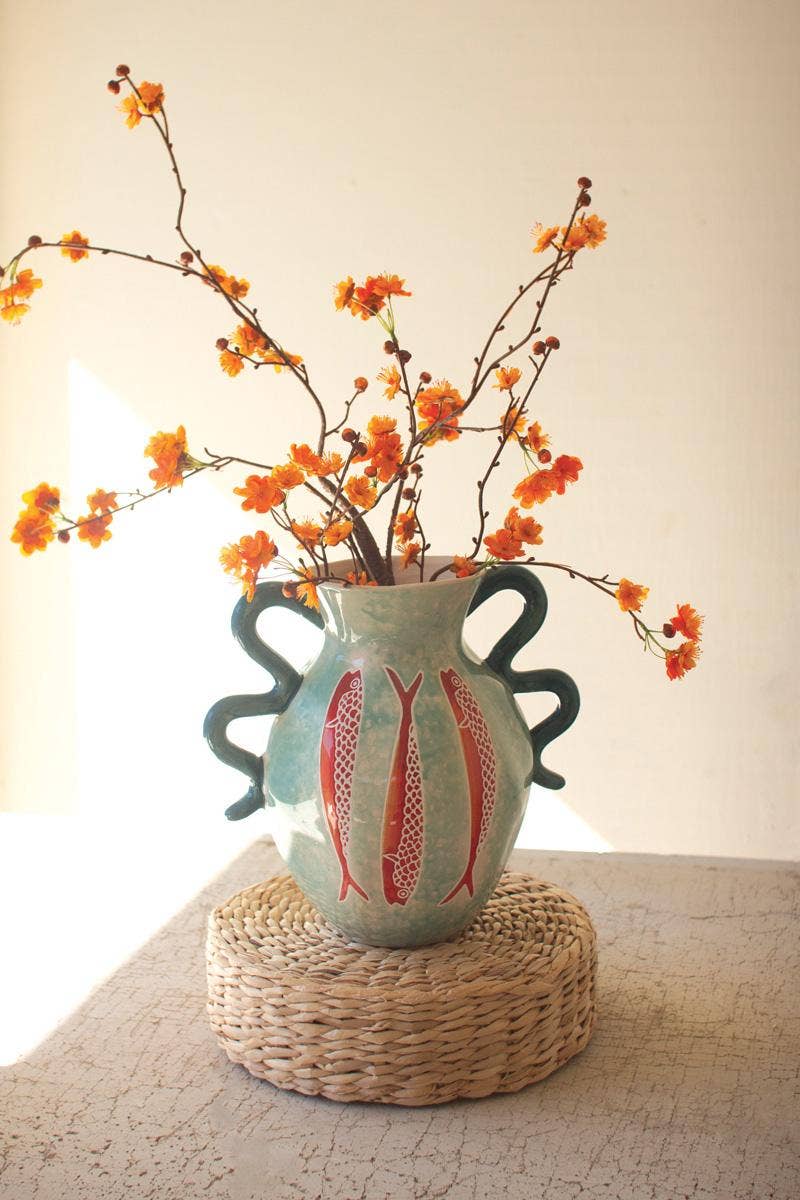 CERAMIC COLORFUL FISH VASE WITH BLUE SQUIGGLE HANDLES: Multi / Ceramic / 11.5" x 8.5" x 11"t