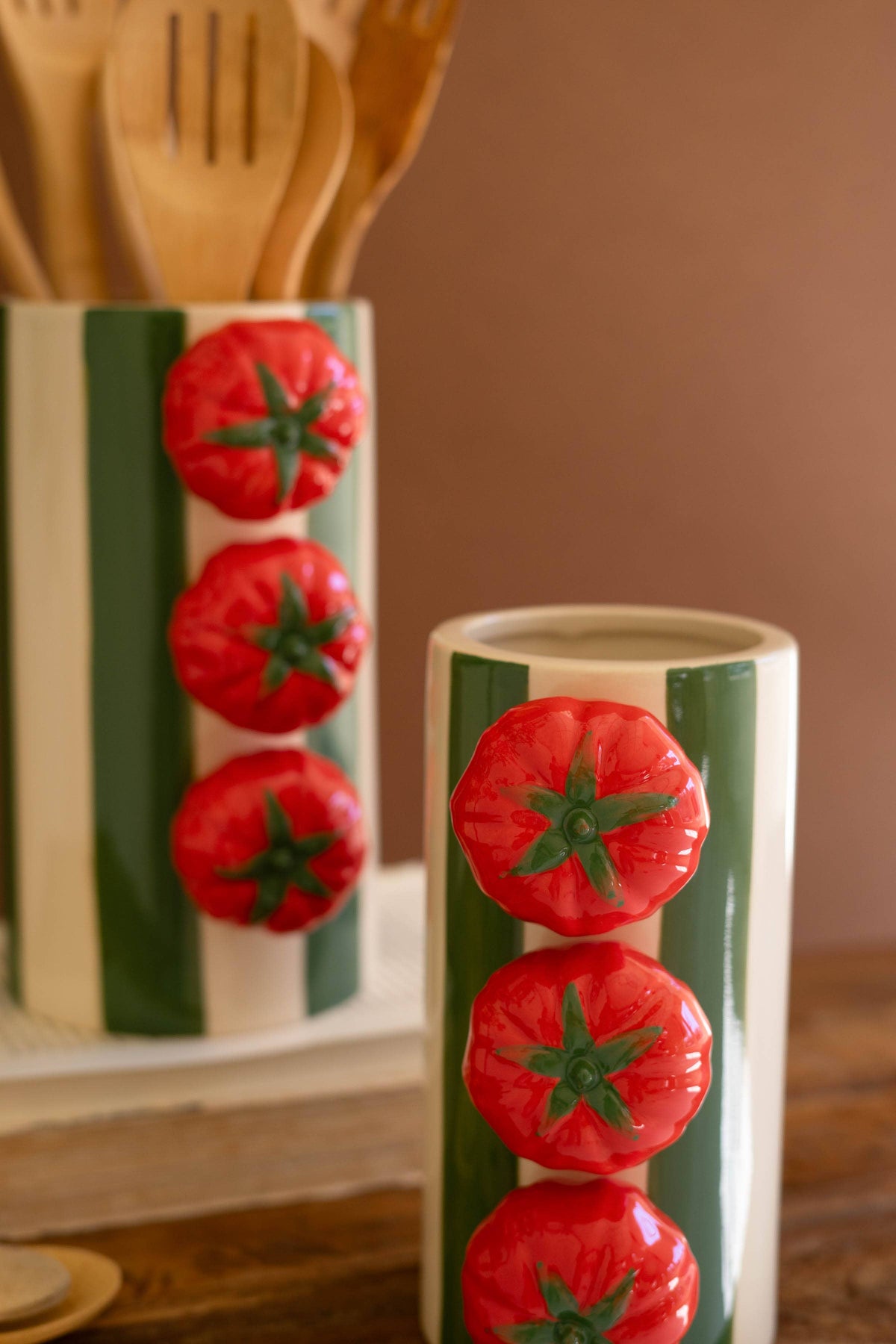 SET OF TWO CERAMIC GREEN STRIPED VASES WITH TOMATOES